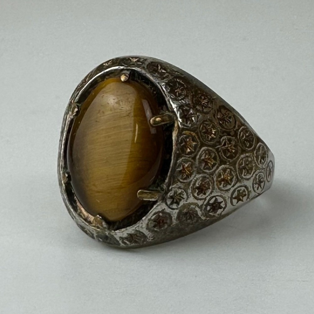VTG Mens Biker Signet Ring Tigers Eye Star Detail 18K HGE Silver Tone Sz 10.5*